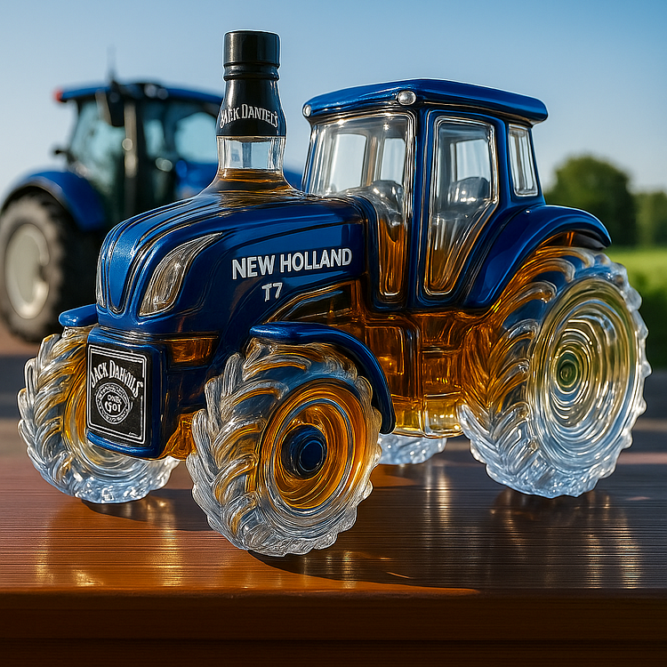 Classic whiskey bottle in the shape of a New Holland T7 tractor